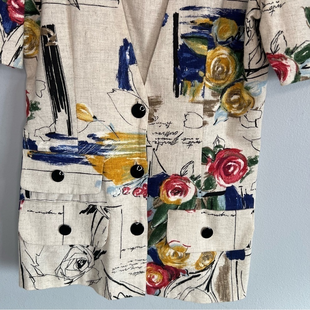 Vintage Bijou Abstract Painted Jacket Short Sleeve Artsy USA Sz S Cream Teacher - Picture 5 of 11